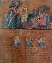 Detail eines Folios aus dem Codex Purpureus Rossanensis, griechische Evangelistenminiatur in einem Skriptorium wahrscheinlich aus Antiochia in Syrien oder Caesarea Palestina. Aufbewahrt im Diözesanmuseum von Rossano